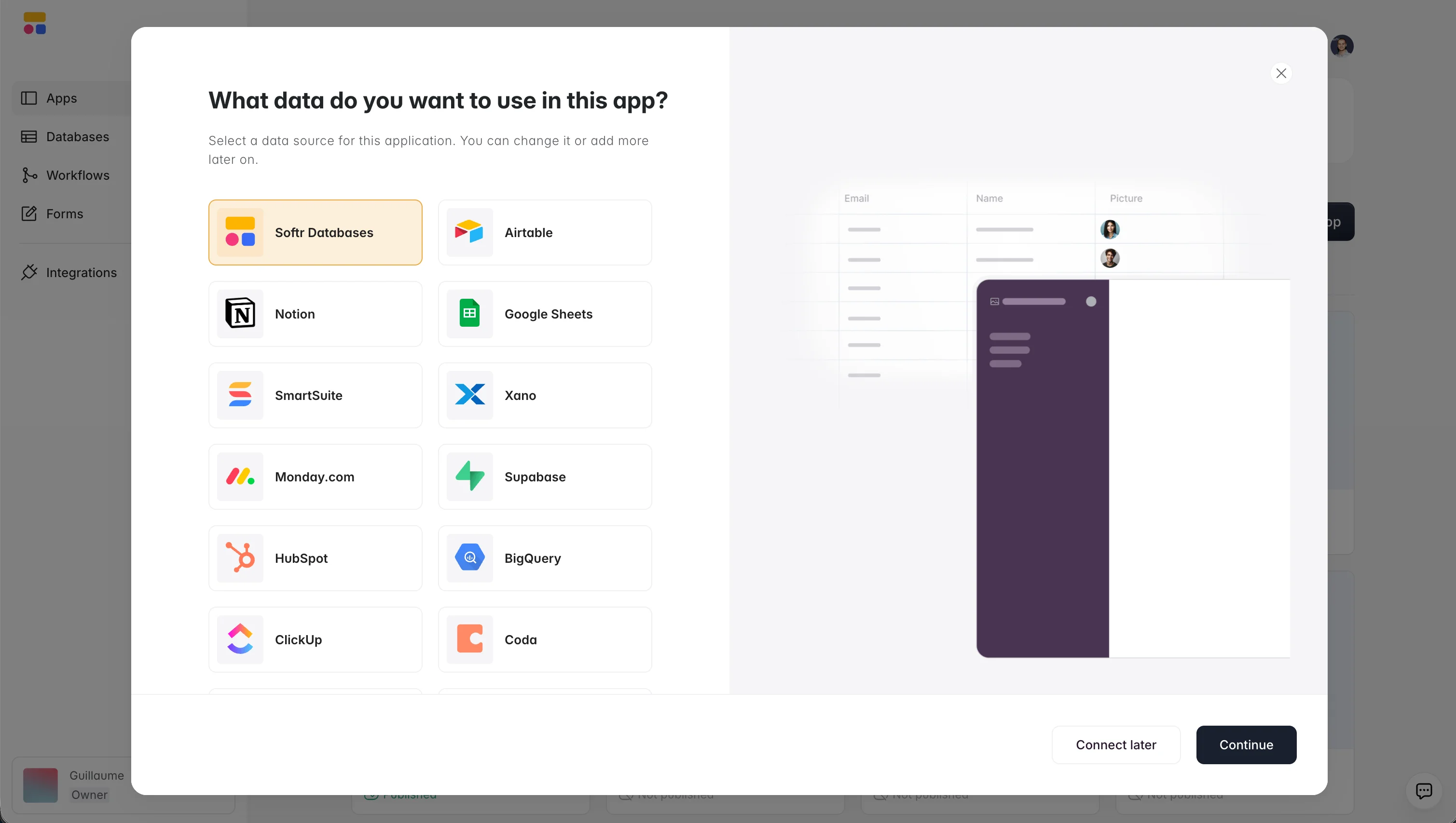 Choosing a data source when creating a Softr app, with Softr Databases listed at the top alongside Airtable, Notion, and Google Sheets