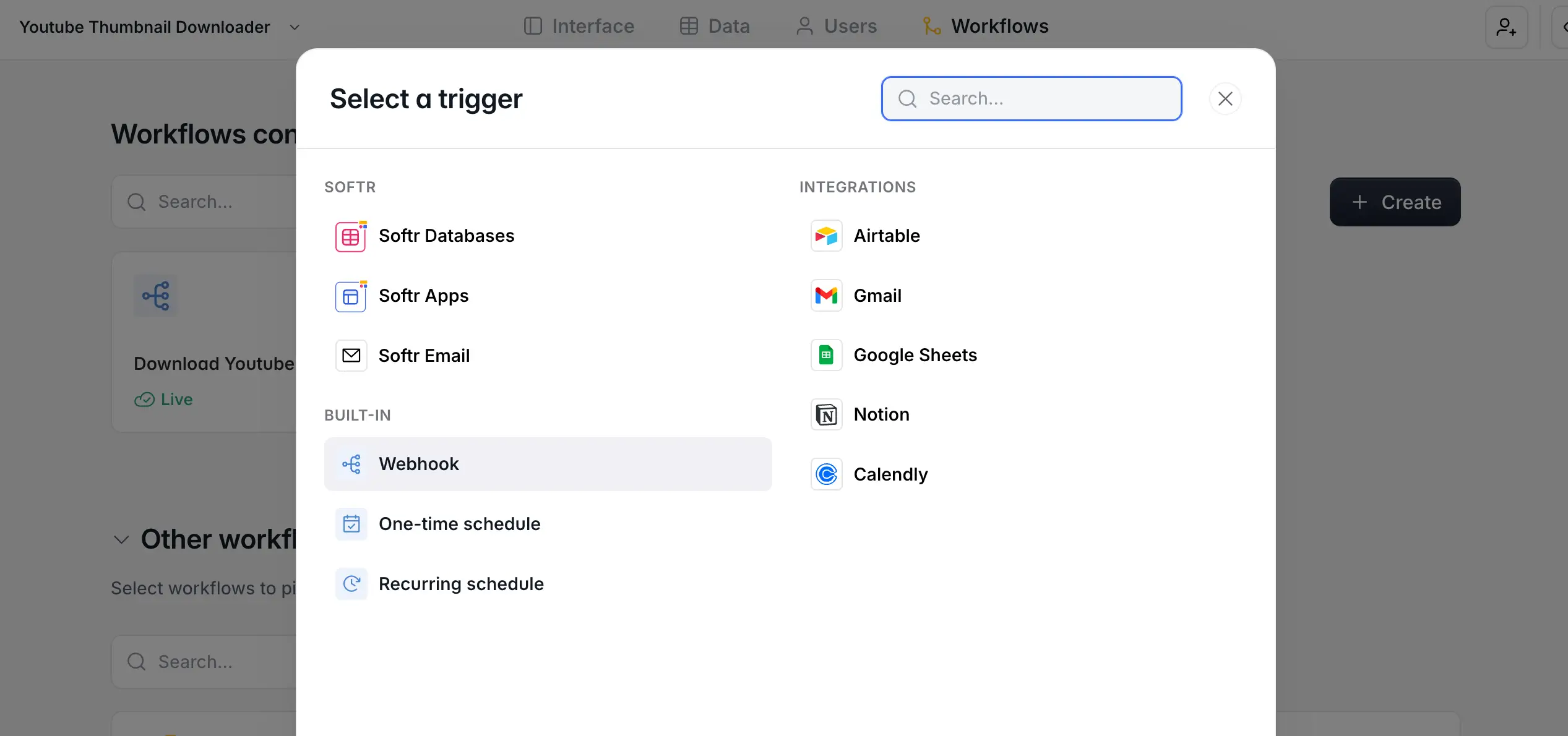 Softr workflow editor showing trigger options for a new automation