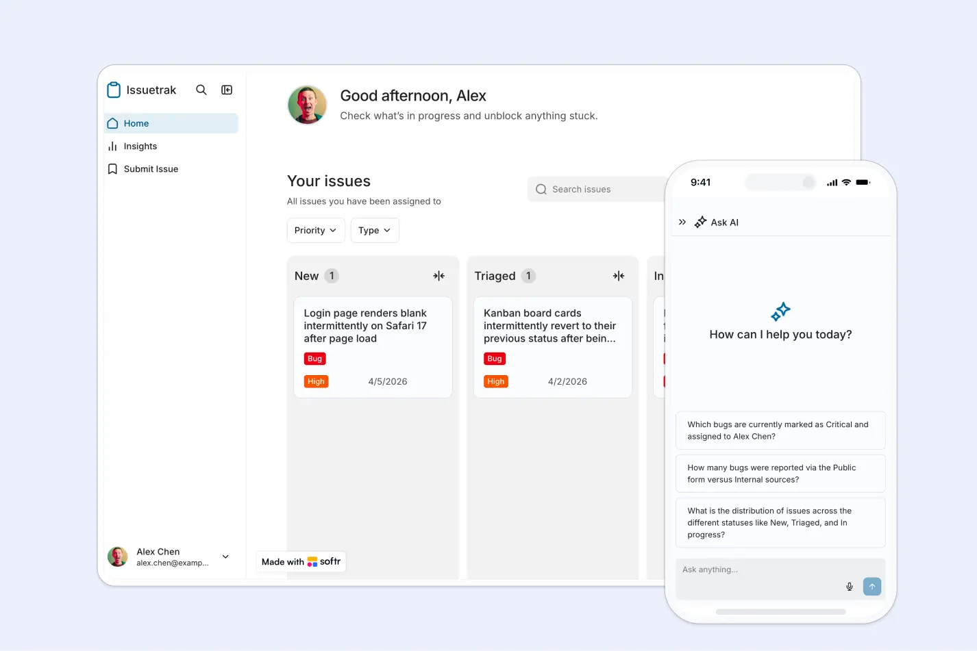 Softr issue tracker dashboard combining a Kanban board of assigned issues with a built-in AI assistant panel