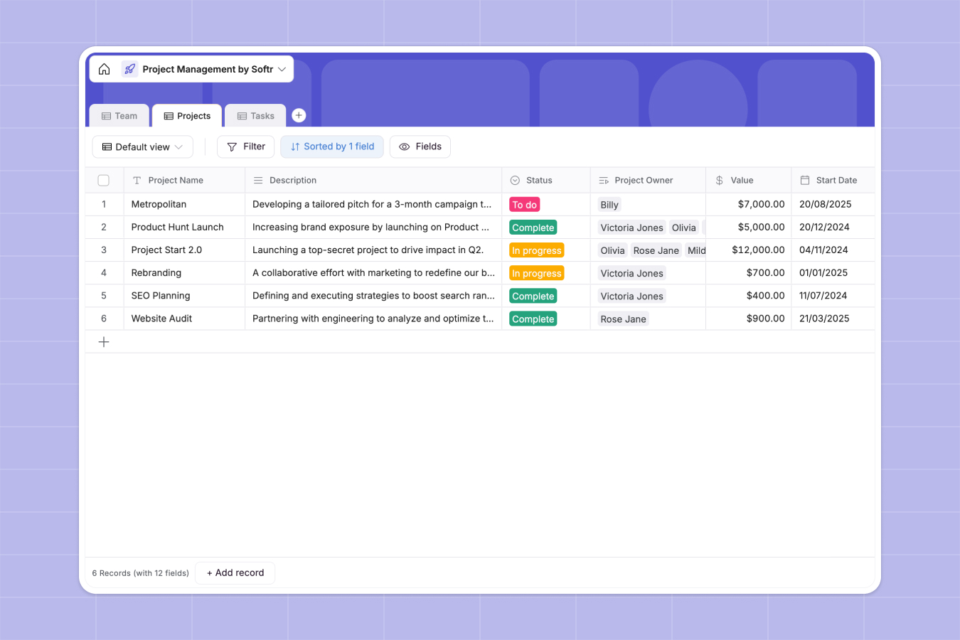 Softr Databases project management table tracking projects and tasks with progress and prioritization fields