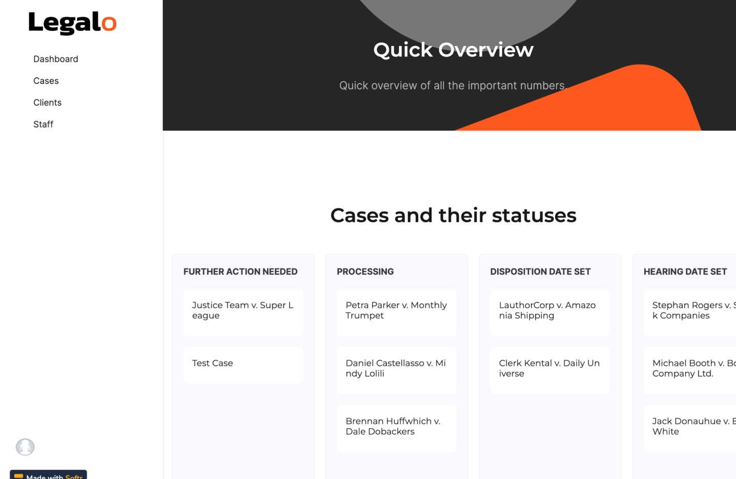 Softr legal case management dashboard showing cases organized by workflow stage