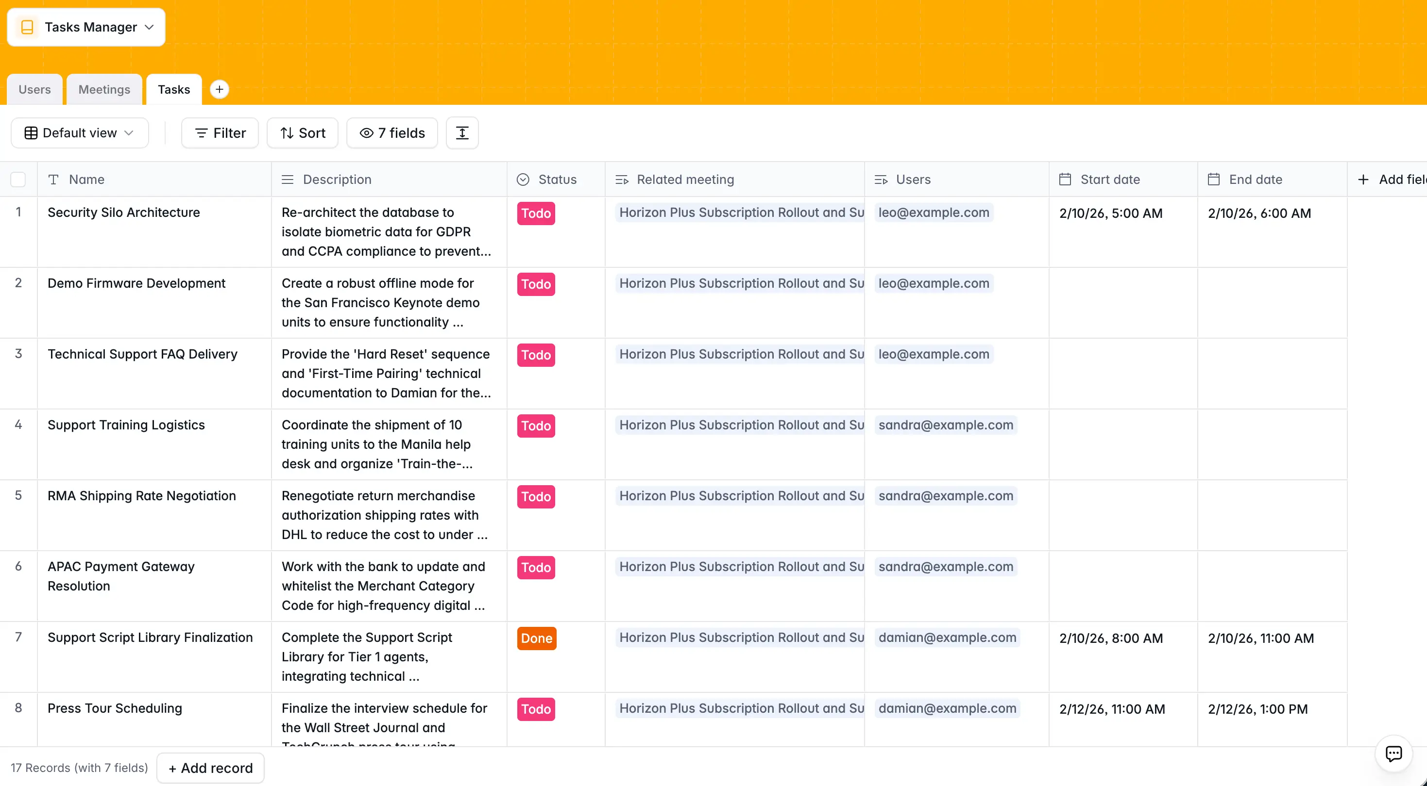 Softr task management database table showing a list of project tasks with status fields
