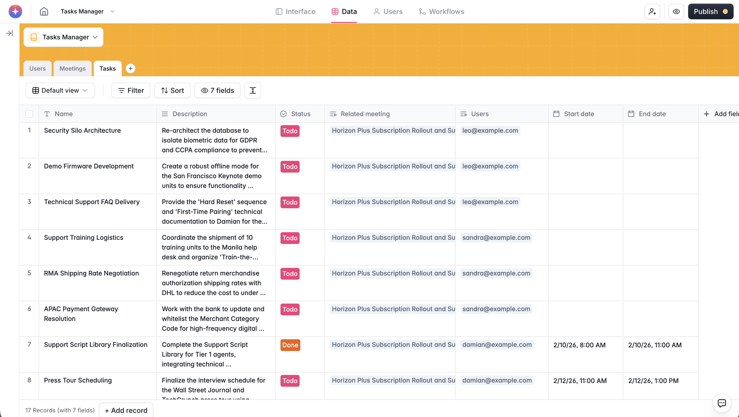 Softr Database table showing tasks assigned to users and meetings in a task management app