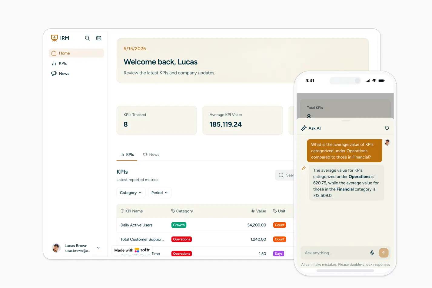 Investor relations management portal built with Softr showing KPI stats dashboard and Ask AI assistant