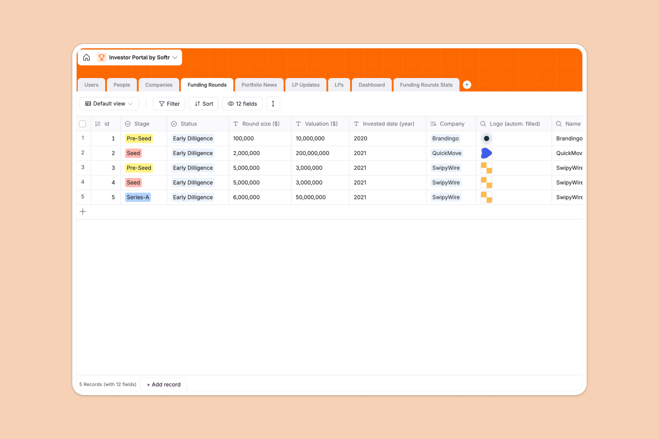 Softr Database for an investor portal tracking companies, valuations, and funding rounds