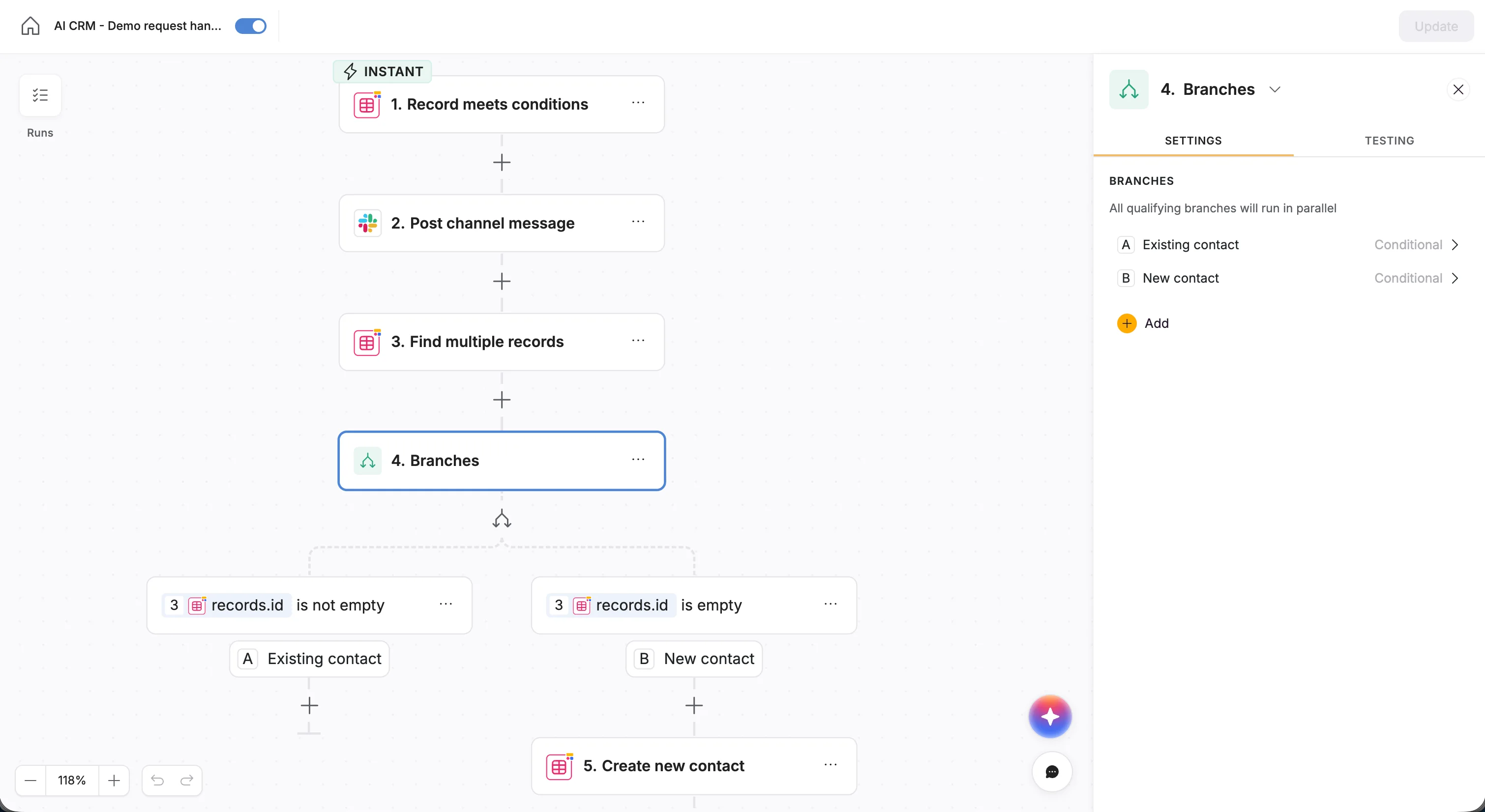 Softr Workflows canvas using conditional branches to route new and existing contacts to different actions