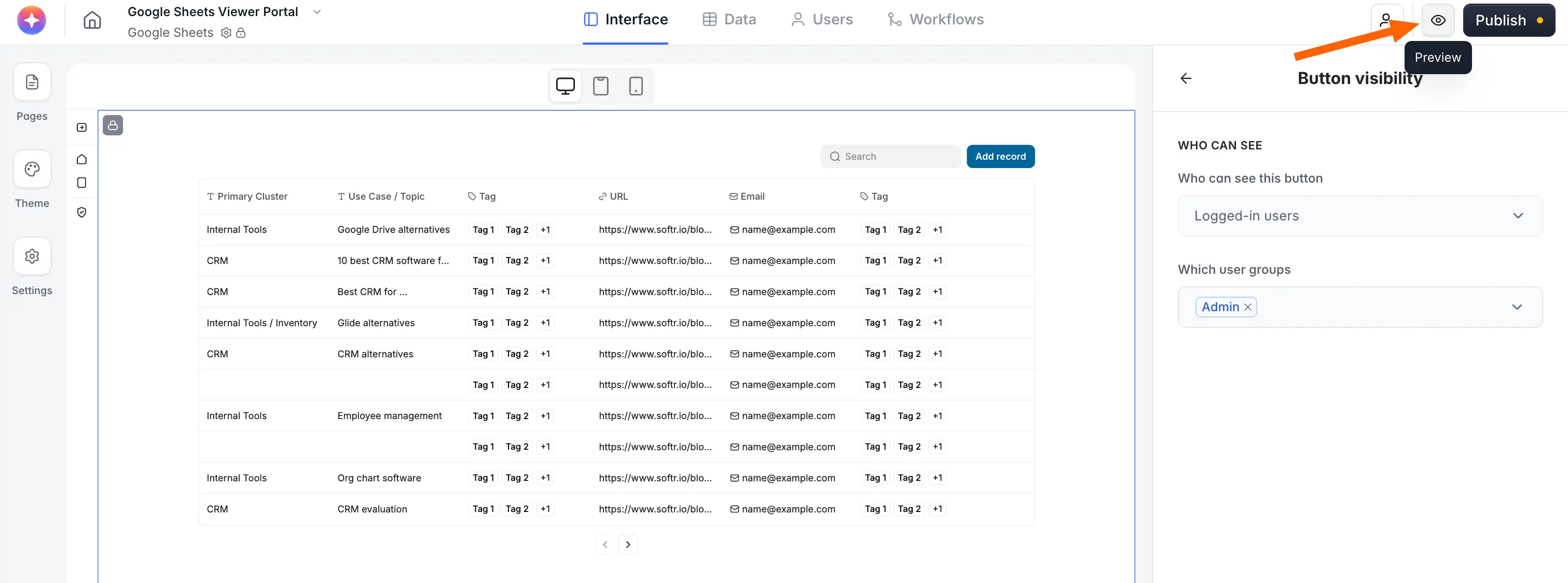 Preview button in the Softr Studio used to test the app as different user groups before publishing