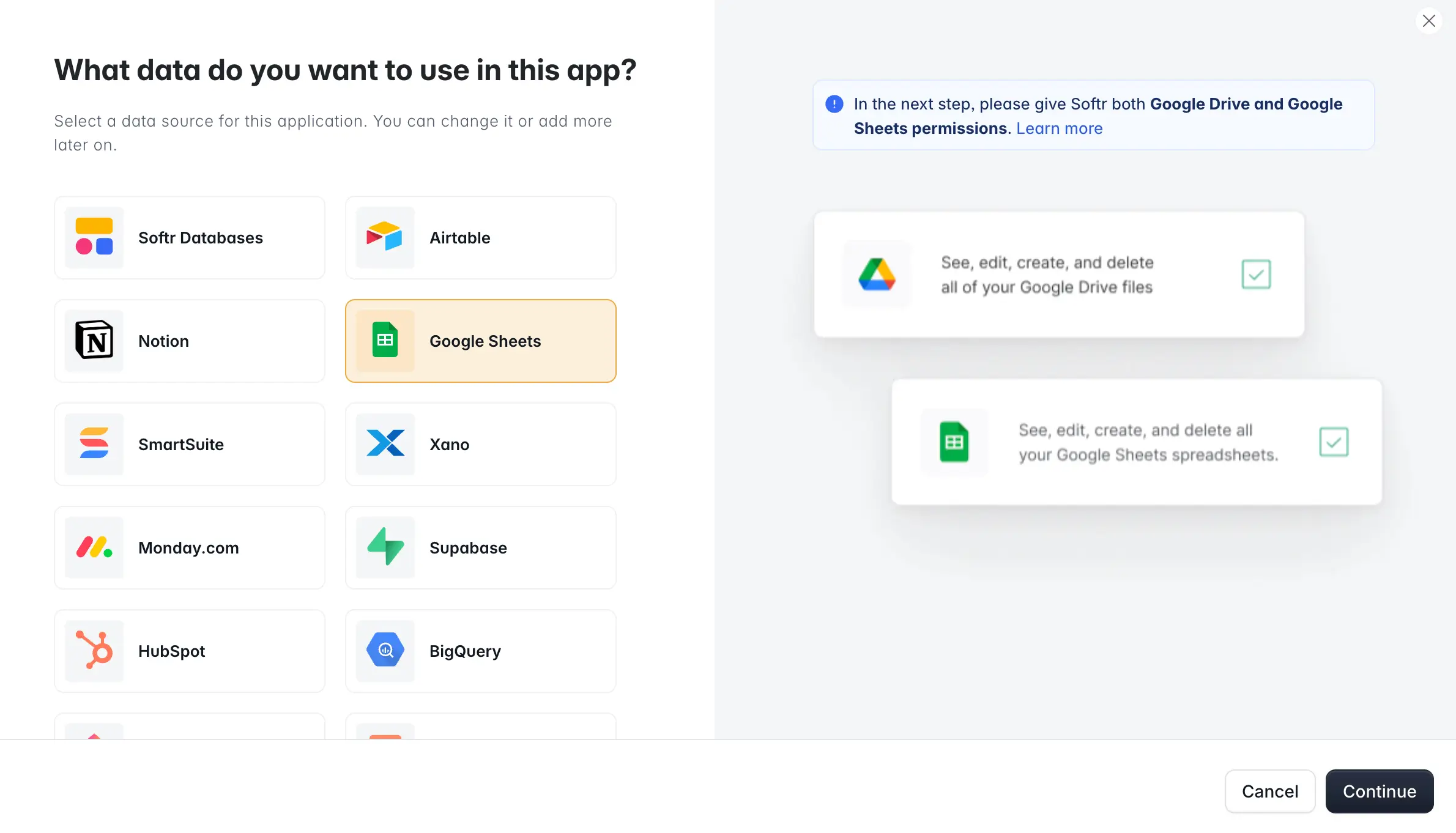 Selecting Google Sheets from the list of external data sources in Softr