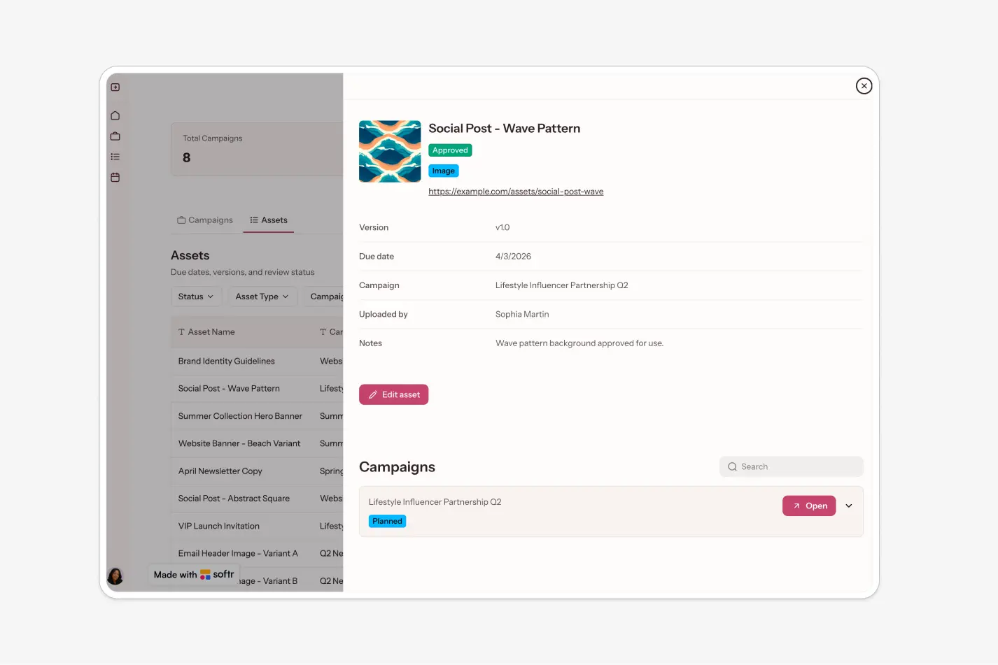 Softr asset detail view showing creative status, version, due date, and linked campaign information