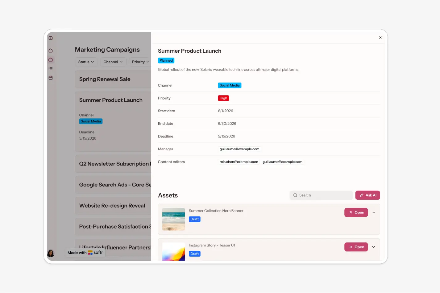 Softr marketing campaign tracker showing campaign status, dates, assigned managers, and creative assets