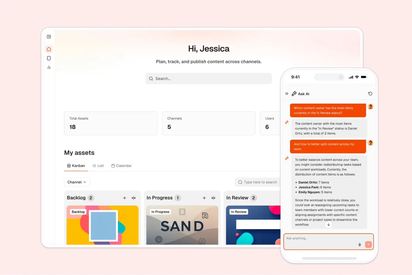 Softr content calendar dashboard with assets grouped by status, kanban view, and an AI assistant for planning