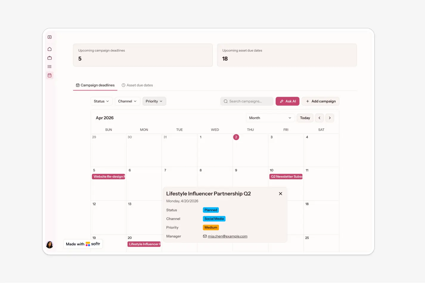 Marketing campaign calendar built in Softr showing upcoming campaign and asset deadlines