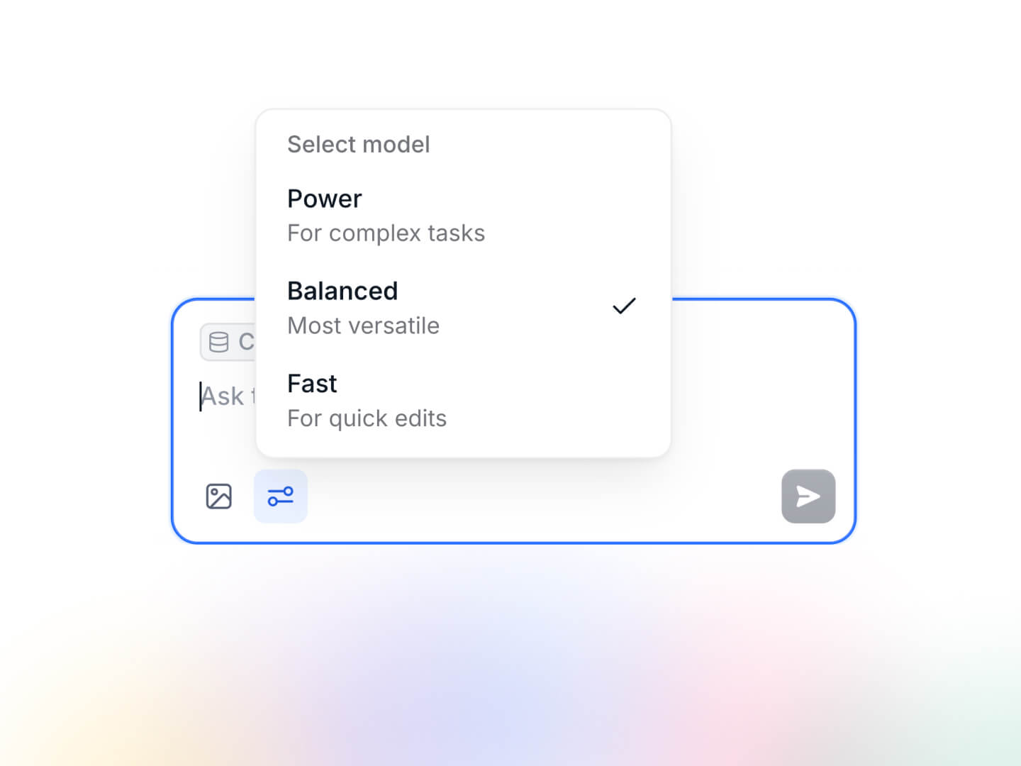 AI model selector in Vibe Code block
