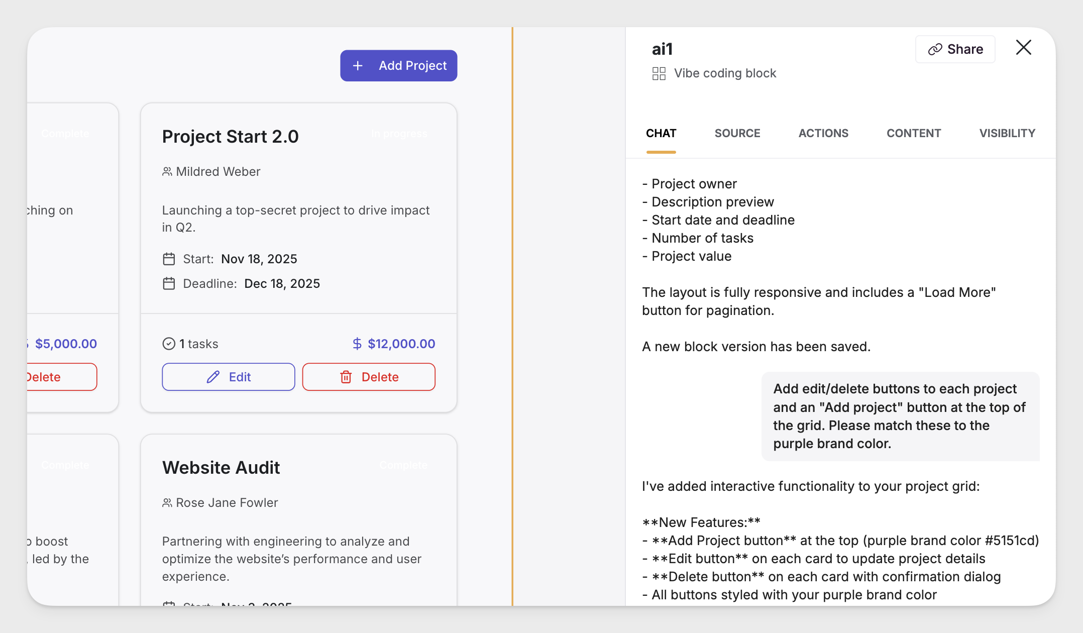 CRUD actions with Vibe Coding block