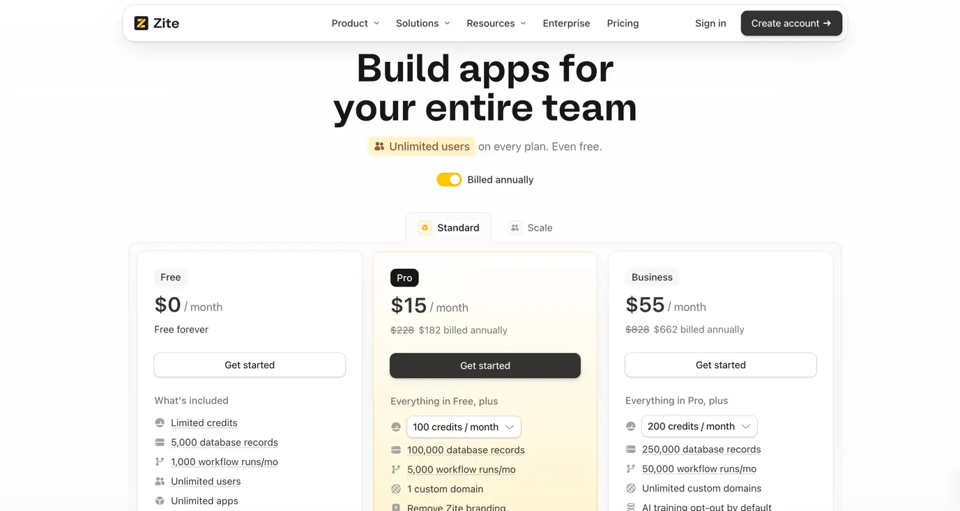 Zite pricing page detailing plans