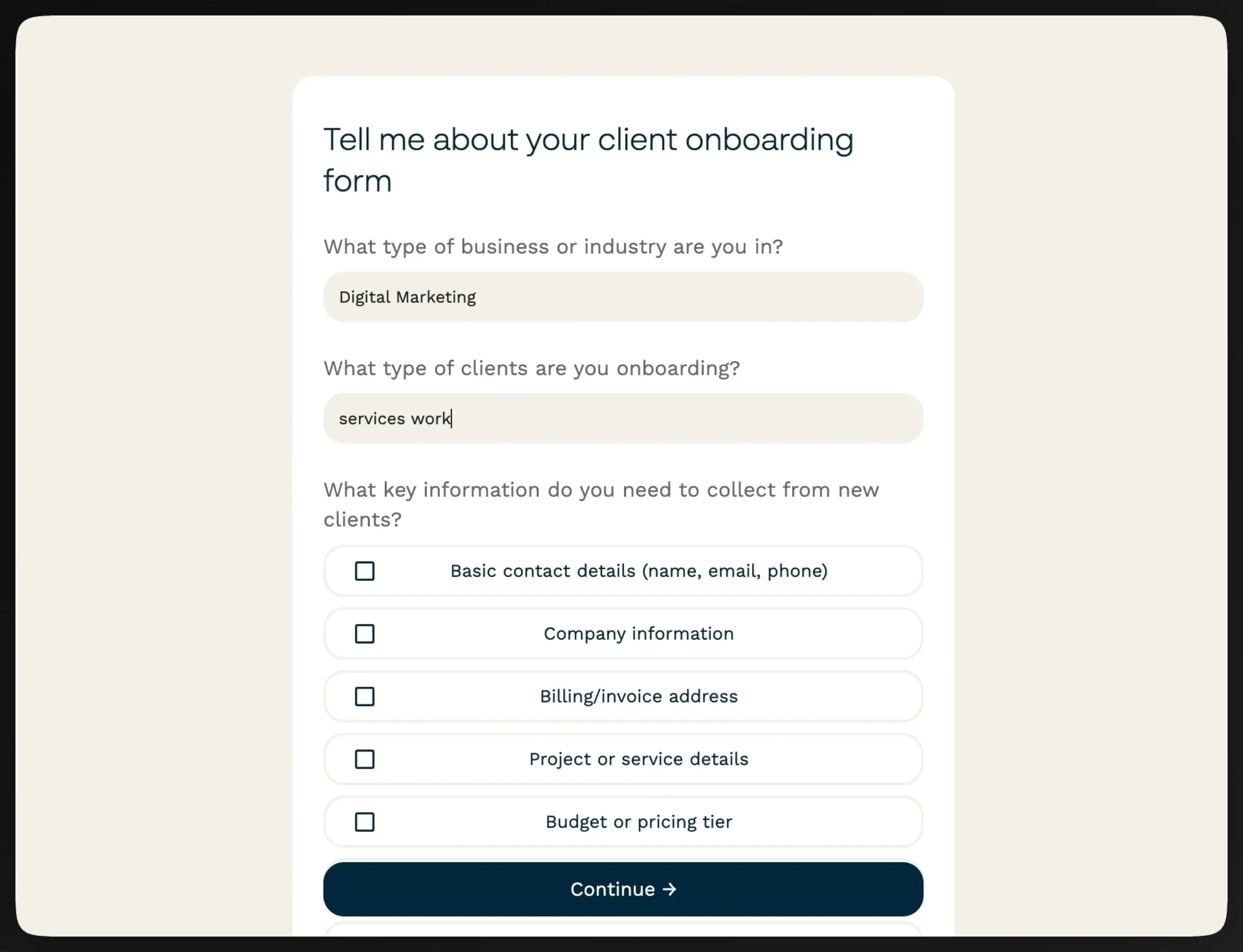 Paperform interface for client onboarding form