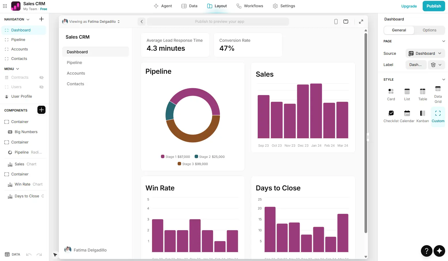 Glide sales CRM dashboard with data