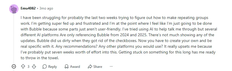 Glide user complains about Glide vs Bubble challenges