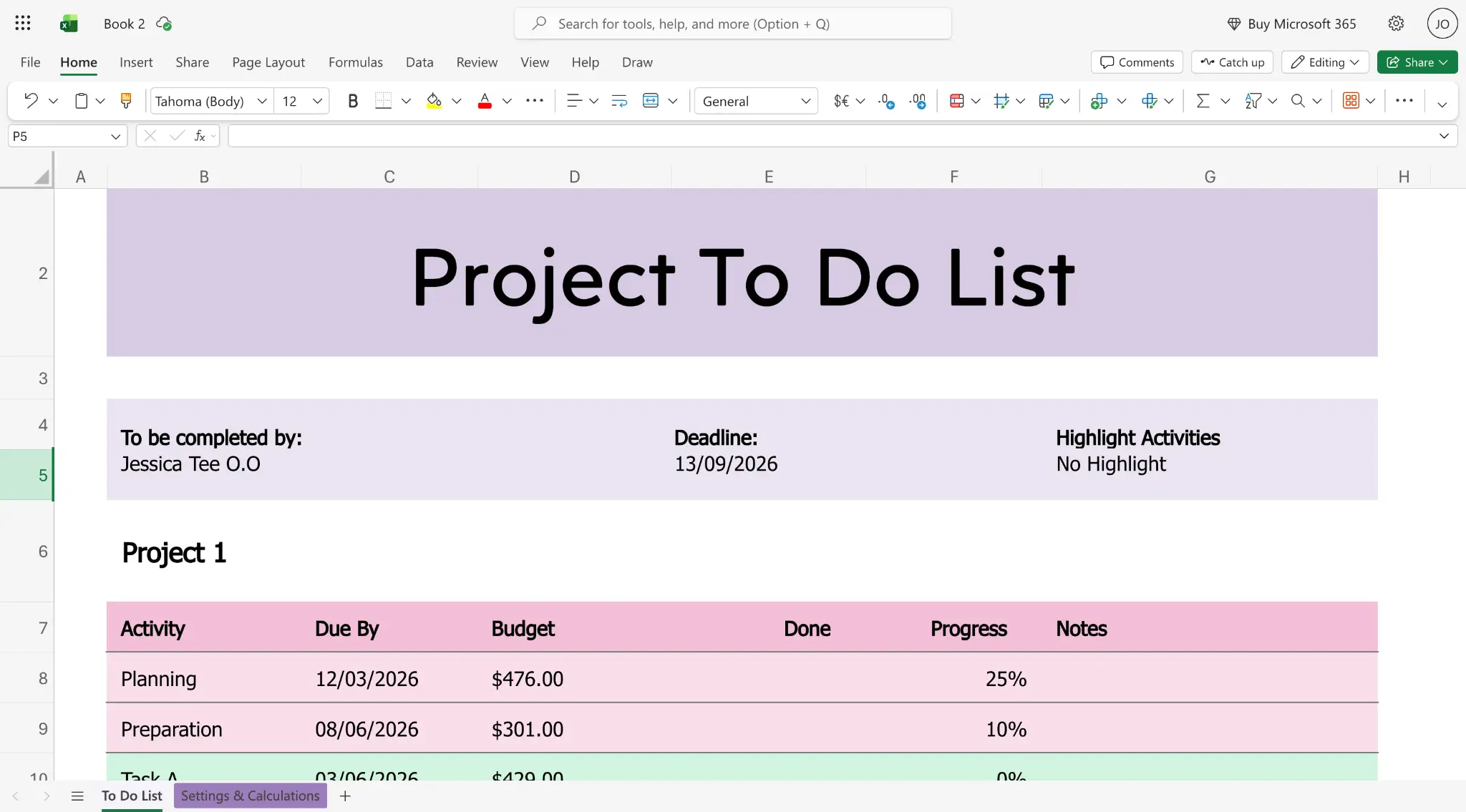 Excel project to do list