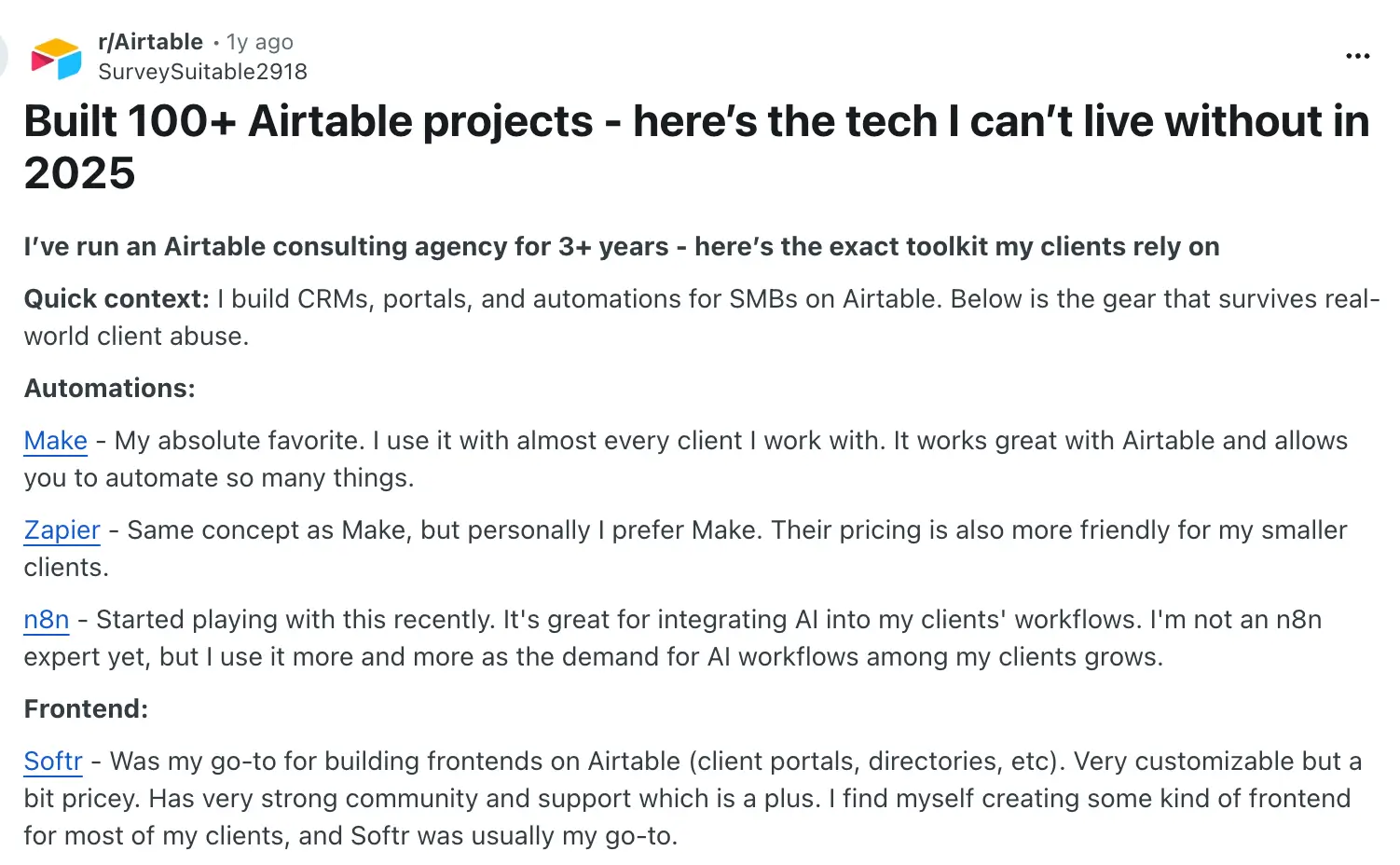 Reddit user describing Airtable products