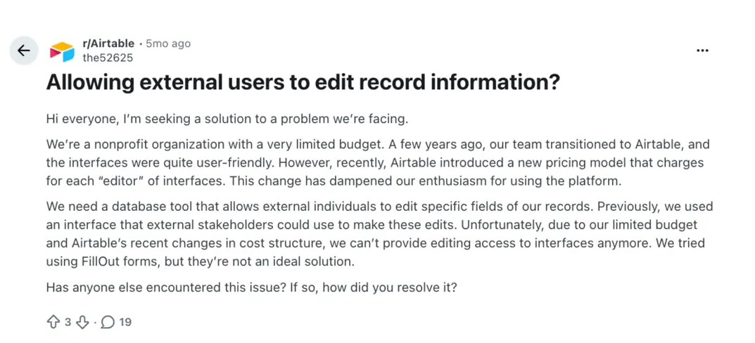 Reddit user explaining they need external users to edit Airtable fields