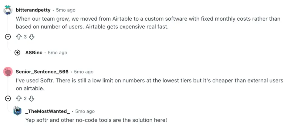 Reddit user describing using Softr in place of Airtable