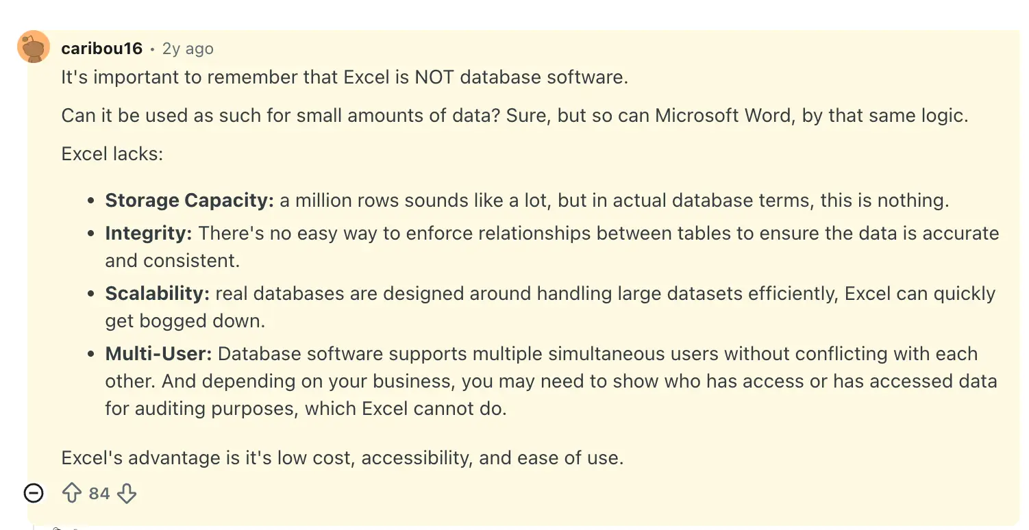 Reddit user saying Excel is not a database app and is limited