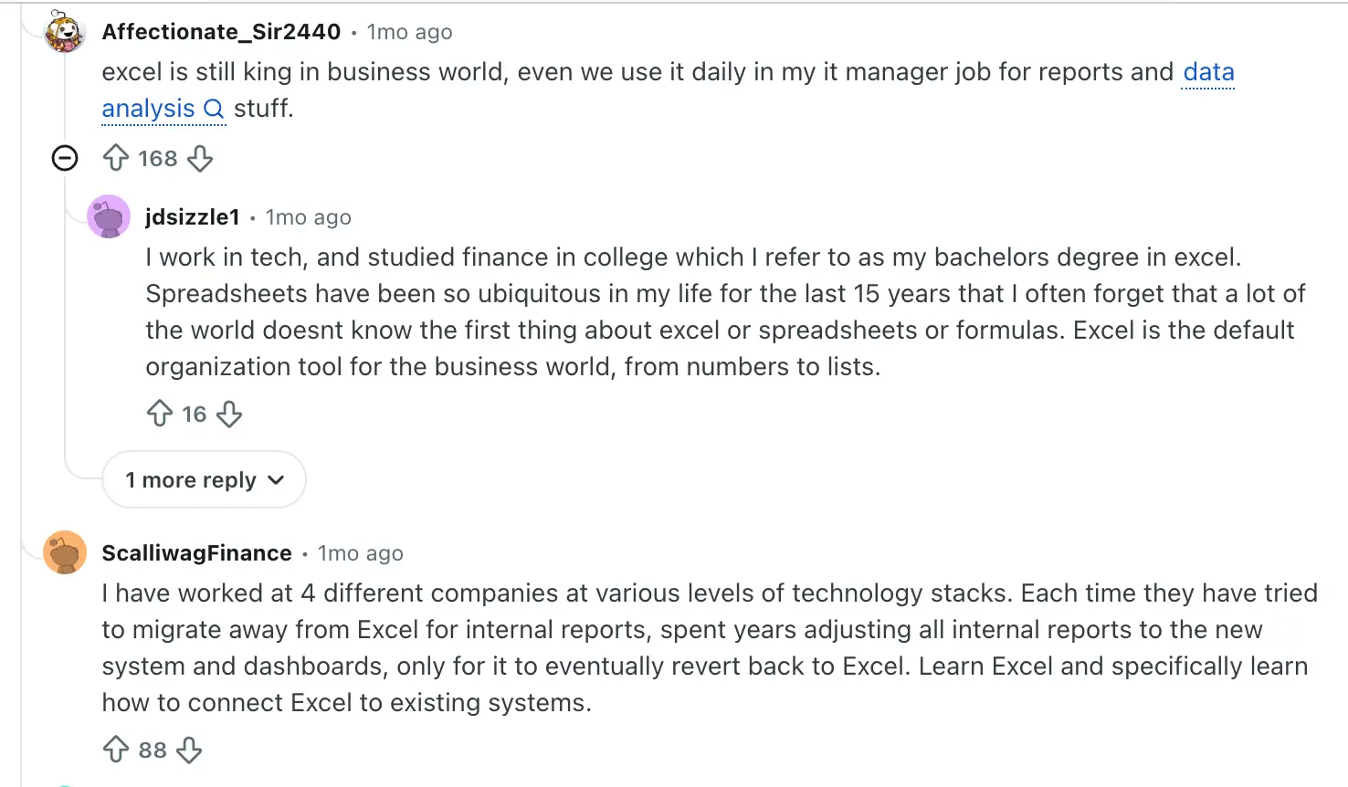 Reddit users discussing Excel for analysis and reports