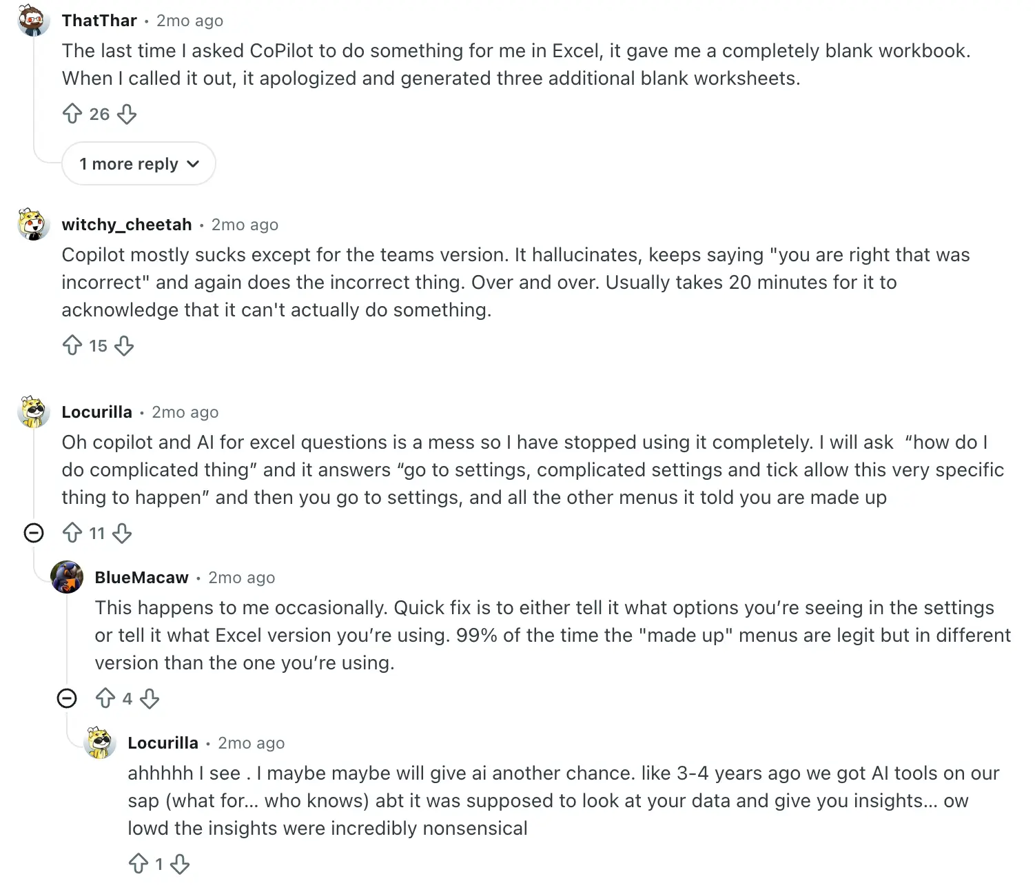 Reddit users describing Copilot limitations in Microsoft Excel
