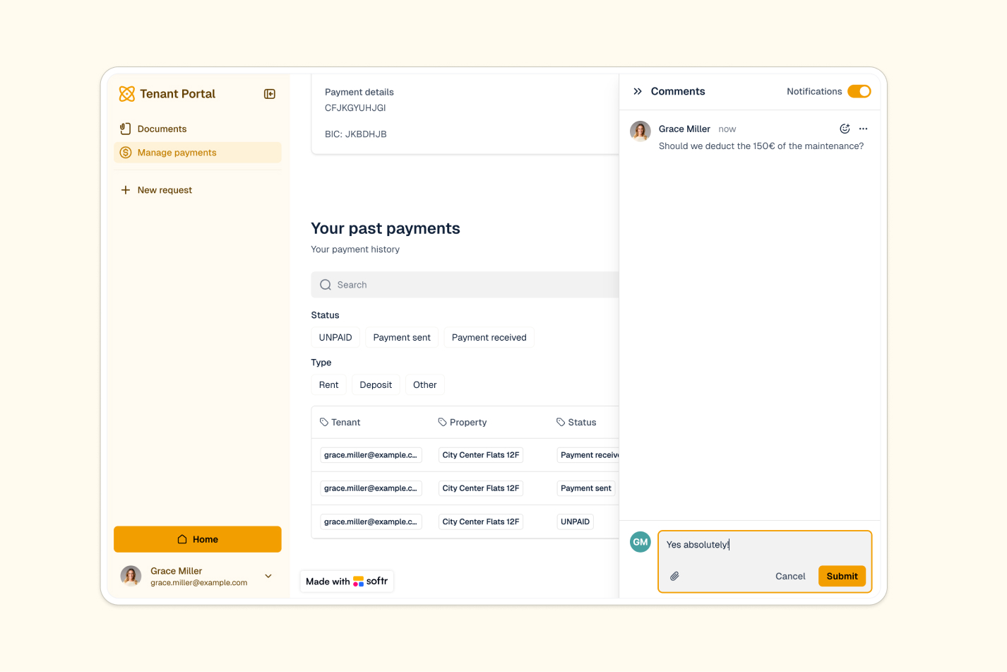 Airtable data displayed in a custom dark-themed business app interface built with Softr