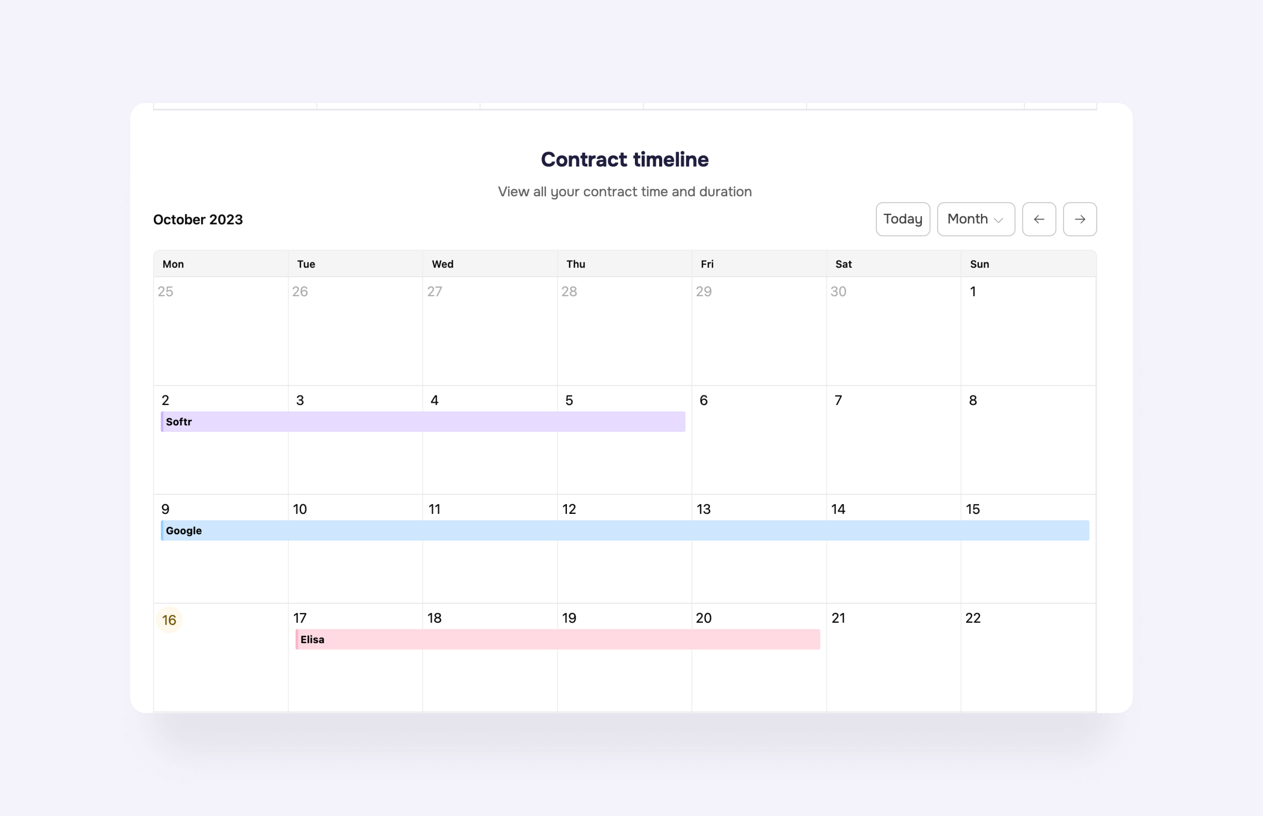 Contract management timeline in a Softr portal showing date ranges with Today and Month filters