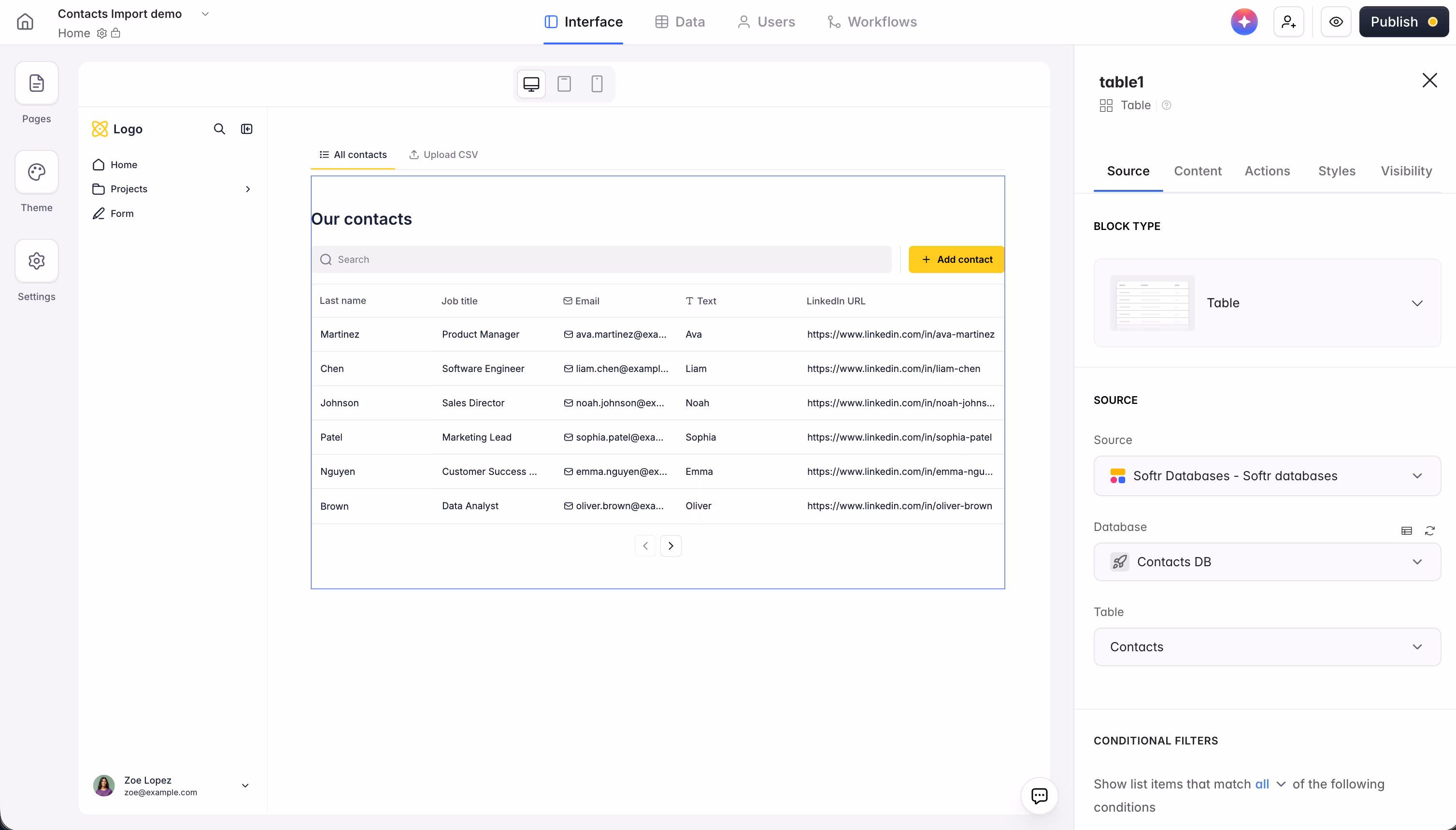 Softr database table view showing a contacts table connected to a table block configuration panel