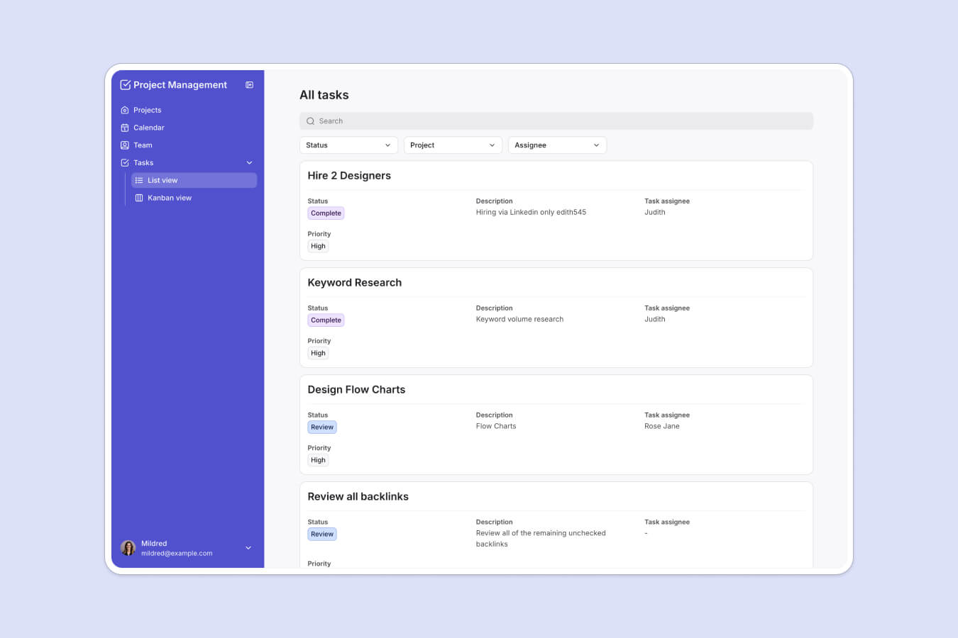 Softr project management app showing a filterable task list with status, priority, and assignee on each card