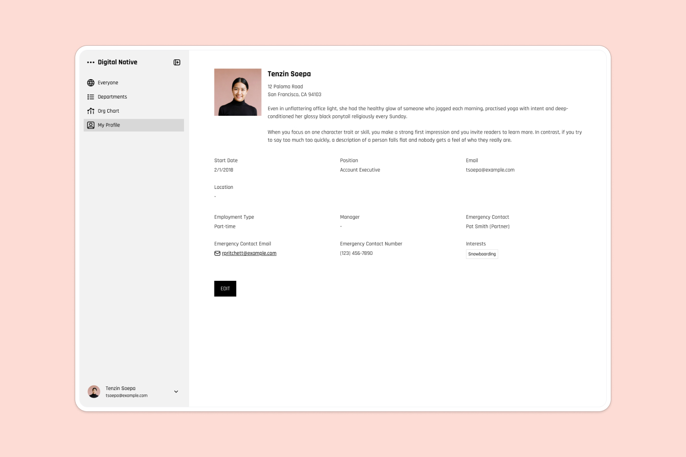 Published Softr employee directory profile page showing a team member's role, contact, and employment details