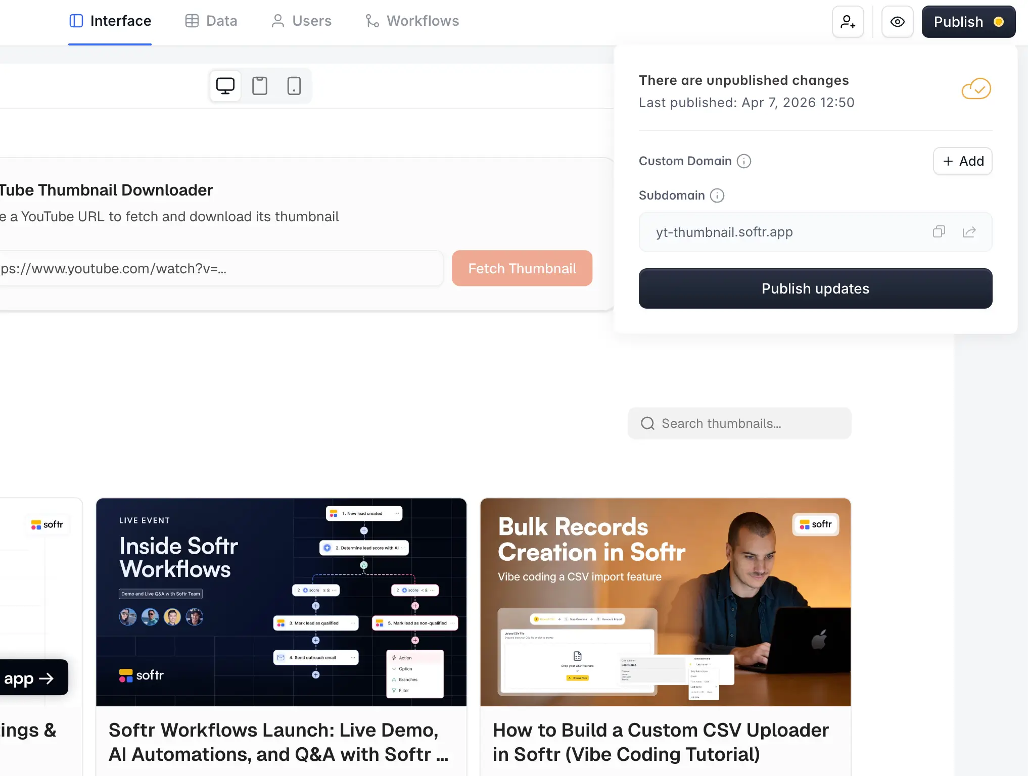 One-click publish button in the Softr studio