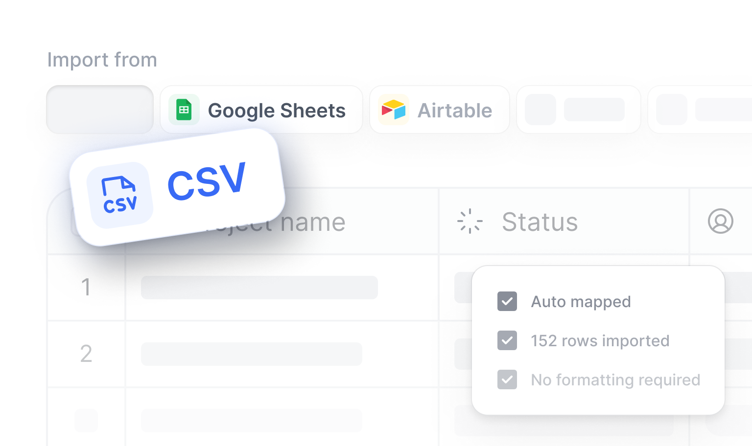 Visual diagram showing how to import data from a CSV file or an Airtable base into a Softr Database