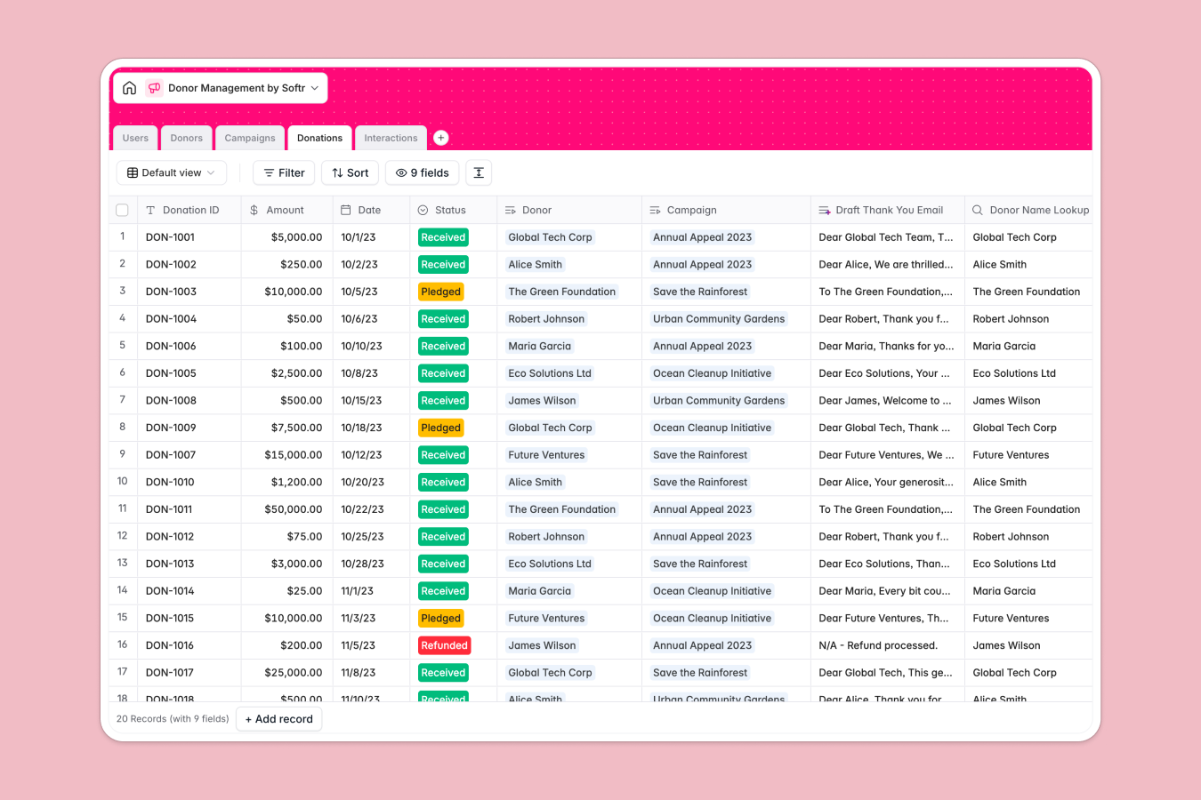 Screenshot of a Donor Management database in Softr, showing donor profiles, campaigns, and workflow fields