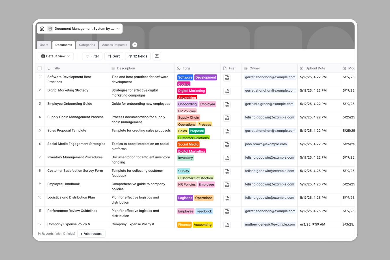 Softr Database screenshot showing a Document Management System table with categorized document records and controlled access permissions
