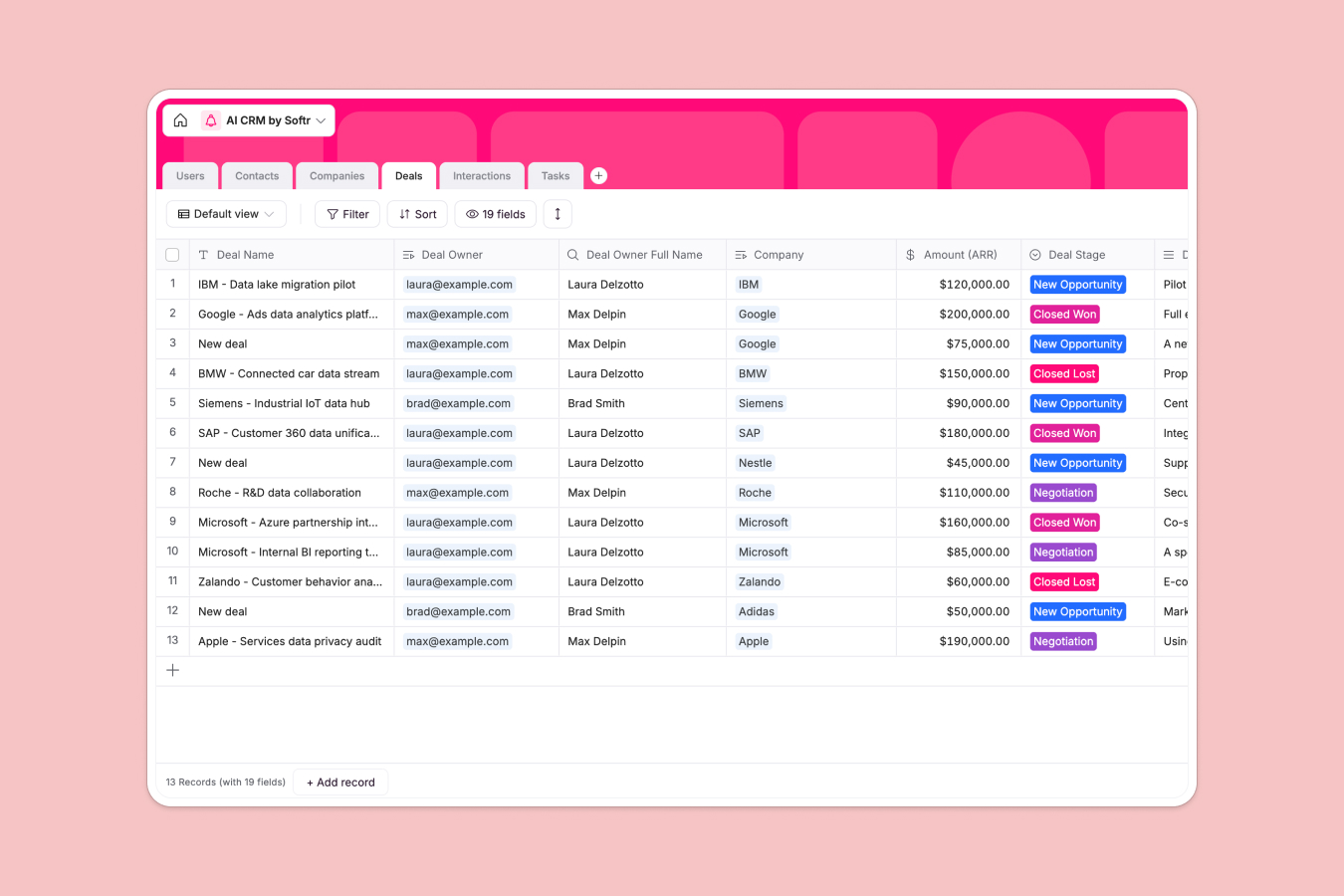Screenshot of the Softr AI CRM database showing contacts, companies, and deal pipeline tables