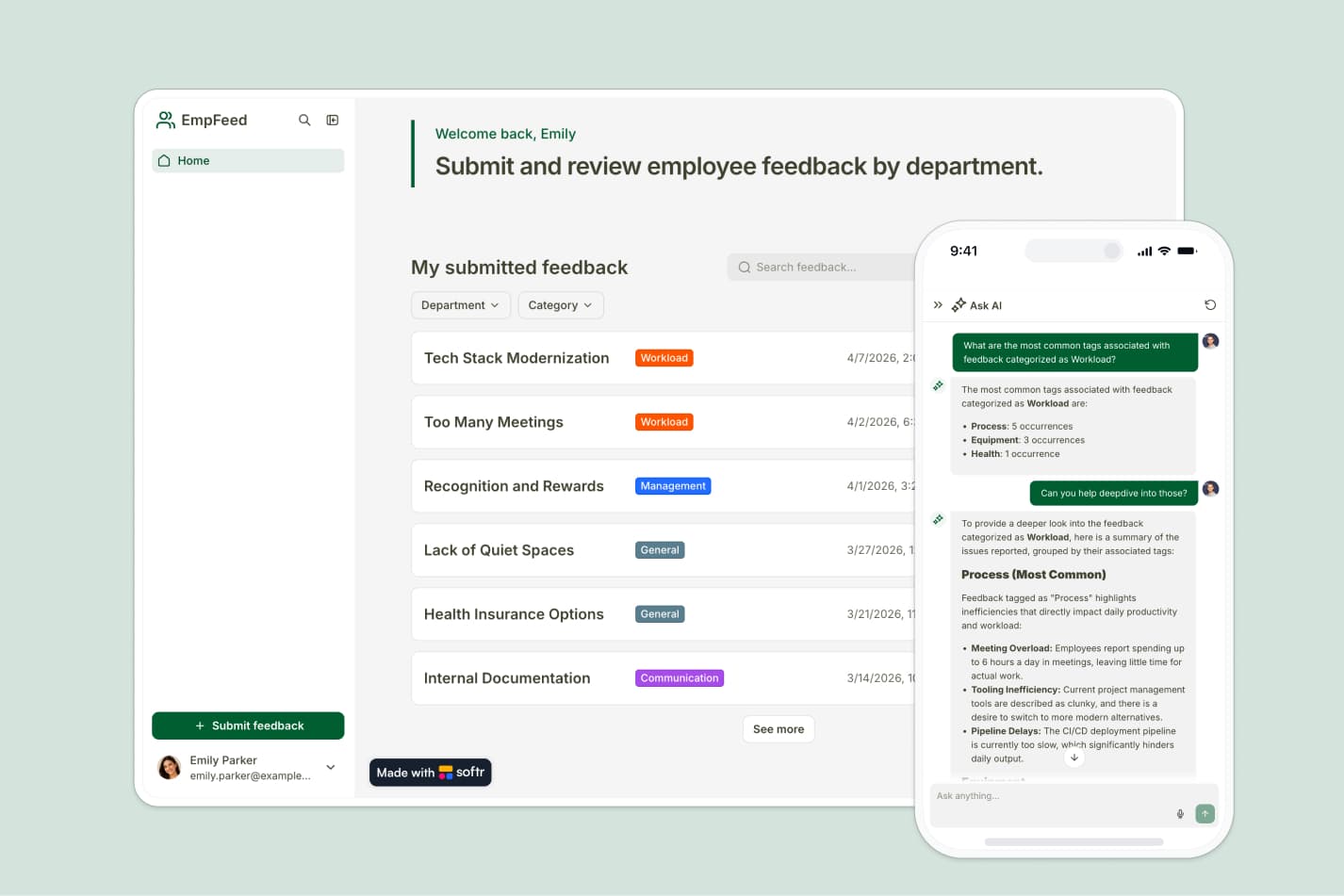 Ask AI panel answering questions about feedback records inside a Softr-built feedback tracker