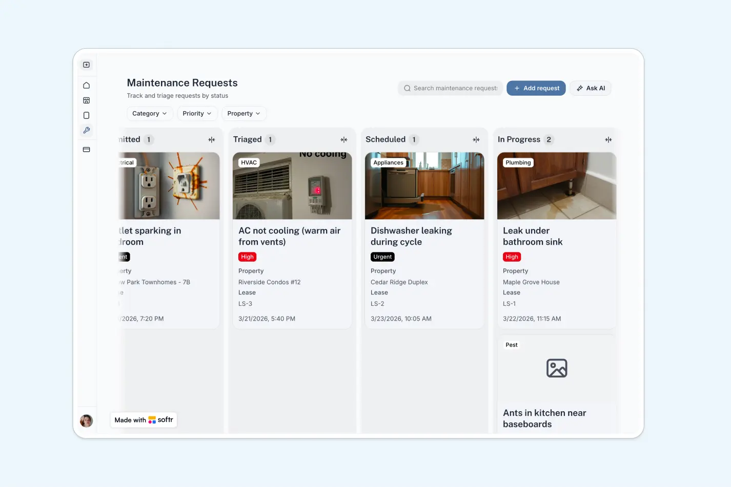 Property management maintenance requests board with AI triage and status columns