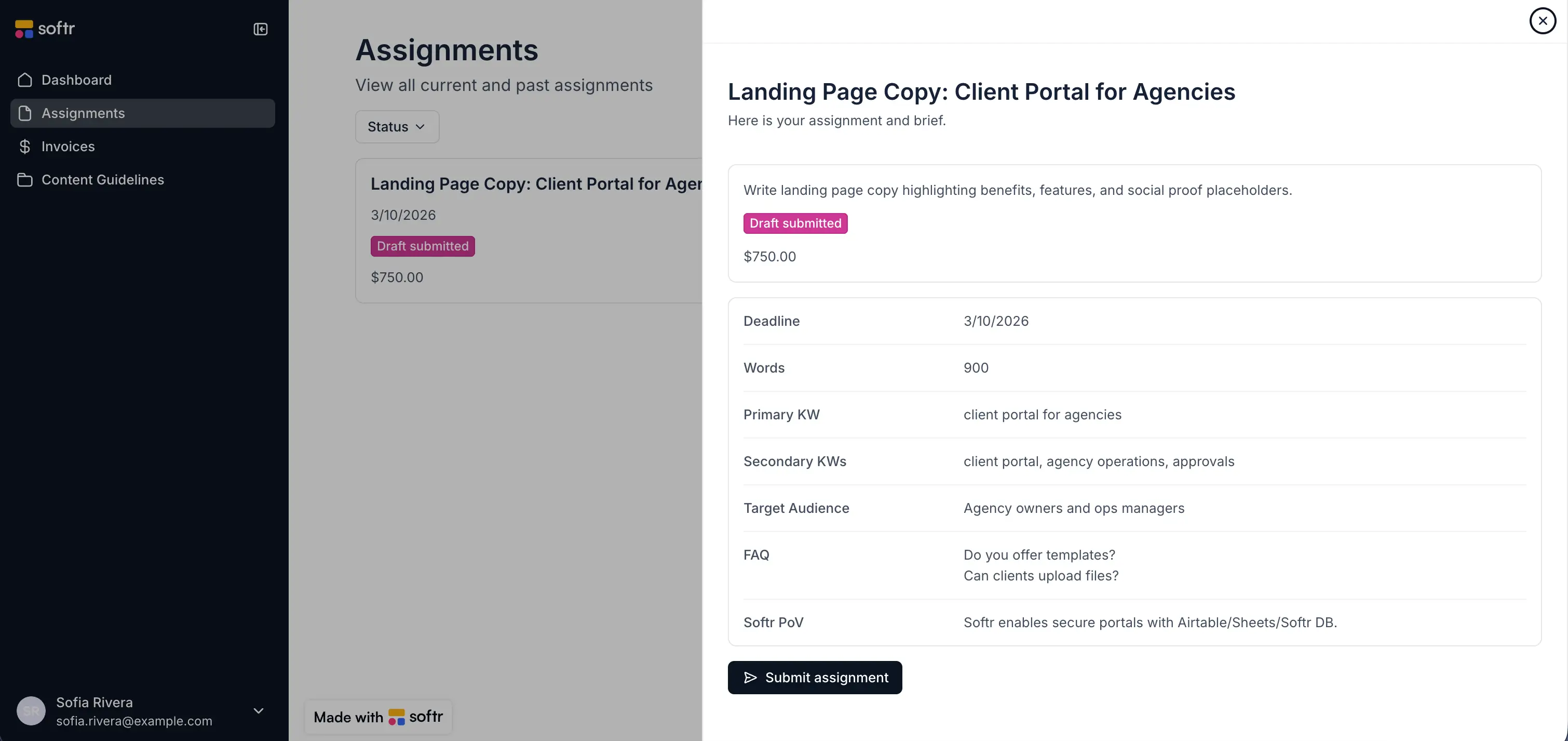 Record detail page showing a single content assignment with its fields in a clean Softr detail block