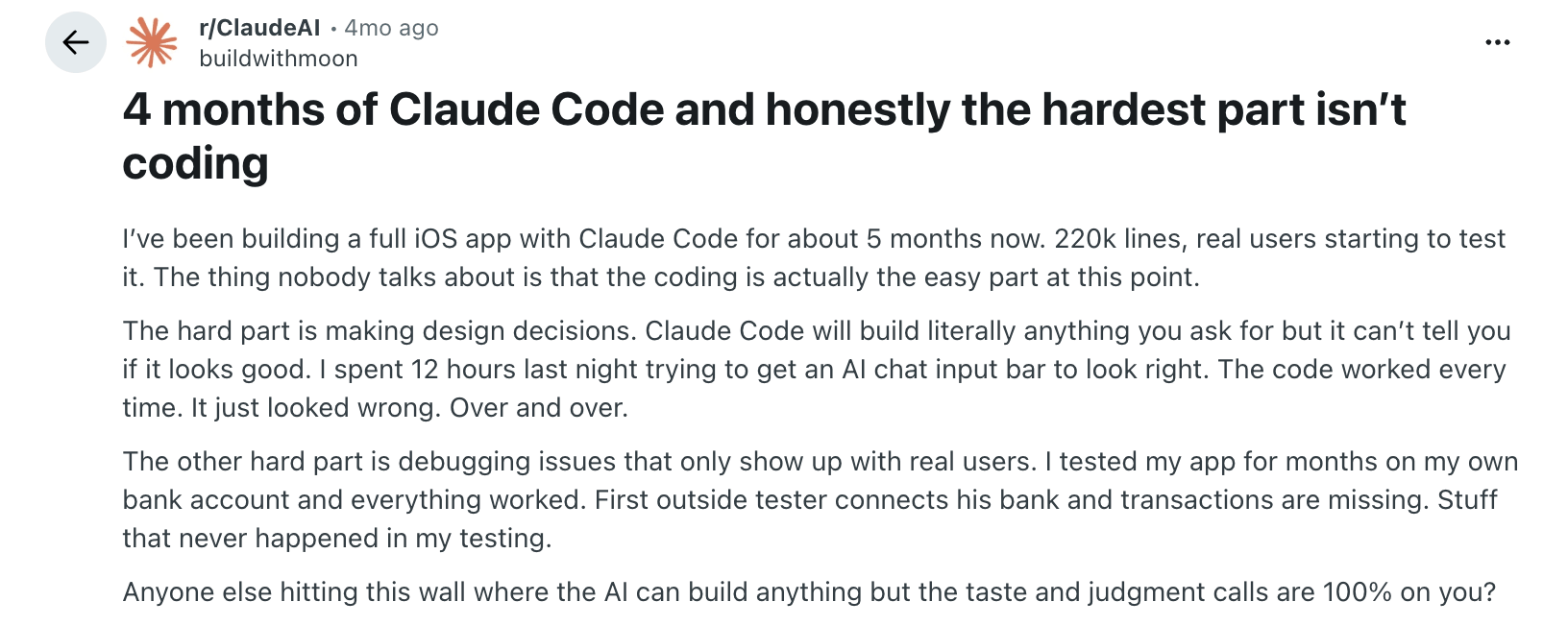 Claude Code user review on Reddit