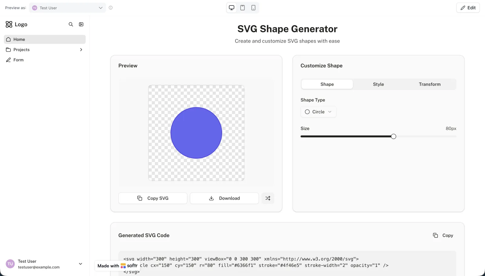 The published SVG shape generator app, showing a live preview of a circle, shape and style controls, and copy and download buttons