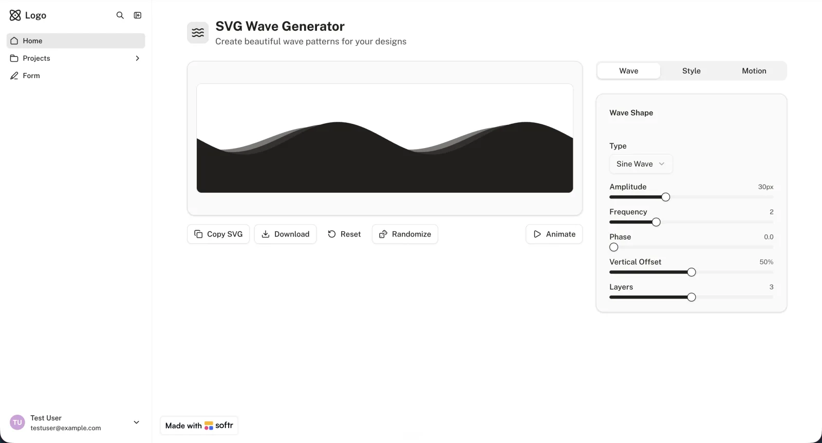 The published SVG wave generator app, showing a layered wave preview with controls for amplitude, frequency, phase, vertical offset, and layers