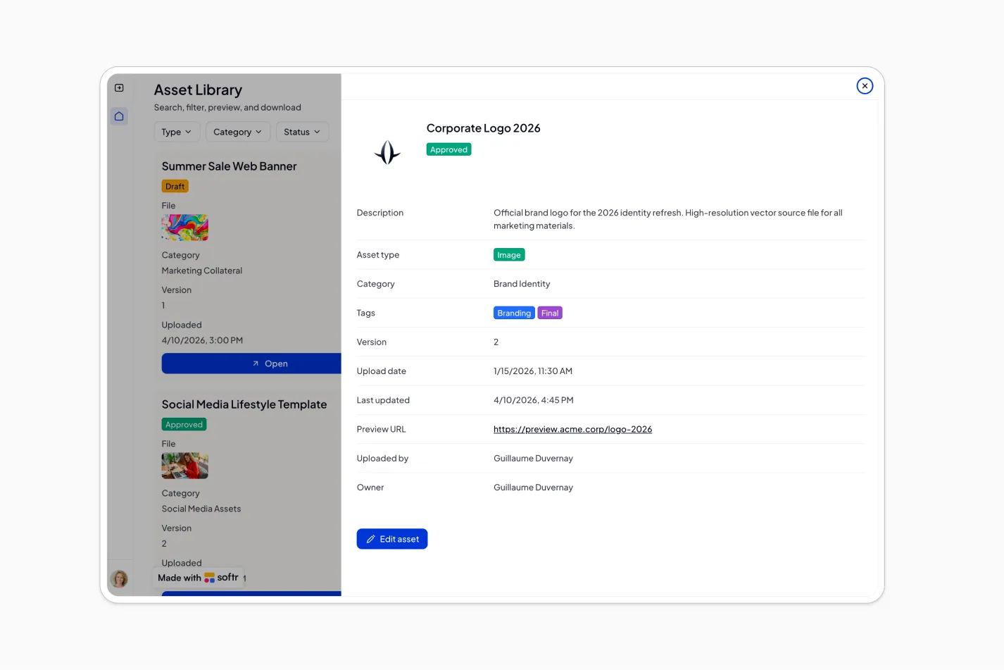 A digital asset management library built with Softr, showing a filterable grid of assets and a details panel for previewing, editing, and downloading each one