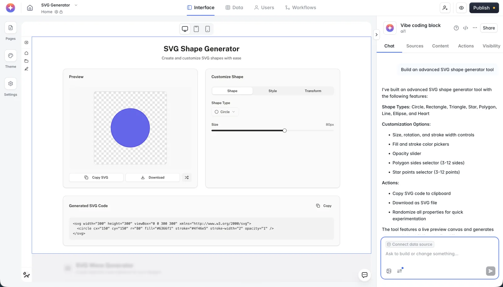 The SVG shape generator being built inside the Softr App Studio, with the Vibe Coding block chat panel open on the right showing the prompt and generated features