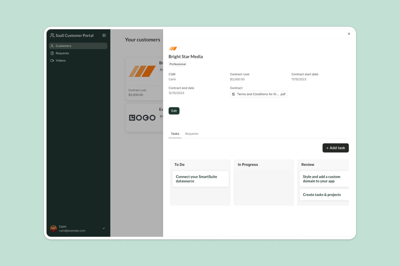 Softr Database template for a client portal with linked tables for clients, files, and projects