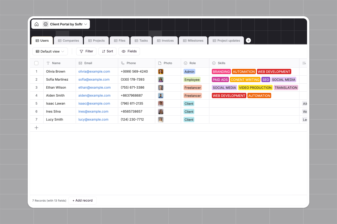 Screenshot of a Client Portal Softr Database template with linked client, project, and billing records