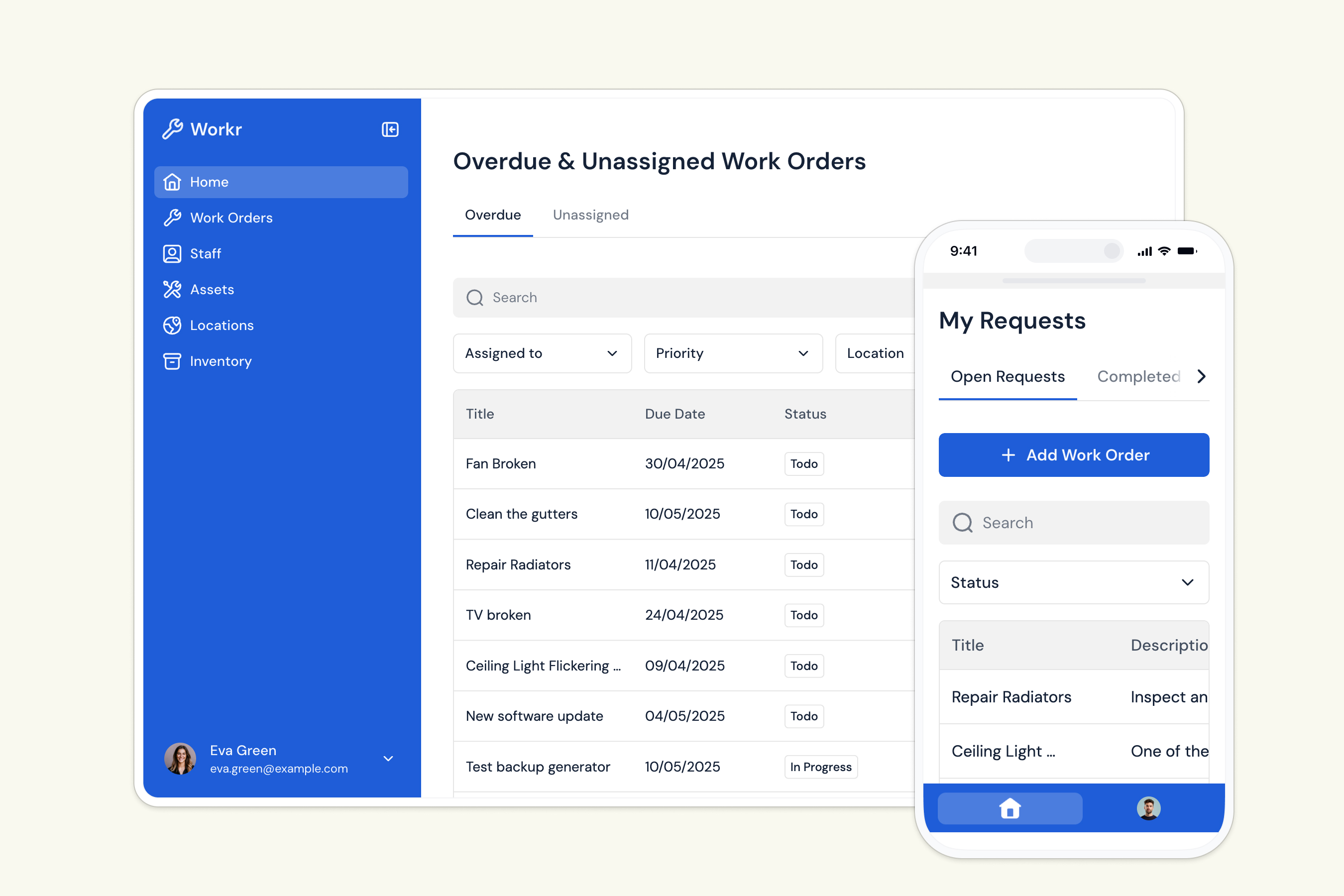 Softr work order management dashboard listing overdue and unassigned jobs with filters